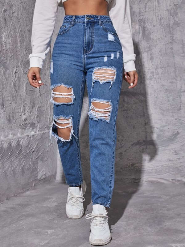 SHEIN EZwear Ripped Frayed Tapered Jeans