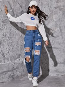 SHEIN EZwear 破洞抽鬚錐形牛仔褲 - 中等水洗藍 - 查看 3