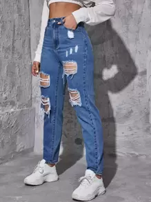 SHEIN EZwear 破洞抽鬚錐形牛仔褲 - 中等水洗藍 - 查看 4