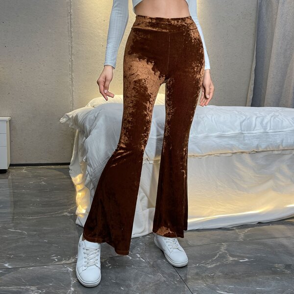 

High Waist Velvet Flared Pants, Coffee brown