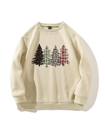 Christmas Tree & Leopard Print Thermal Pullover
