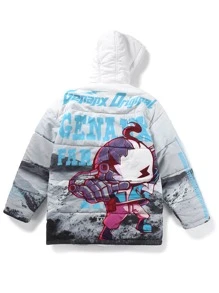 男式卡通与字母图案斜口袋连帽棉服外套 - 彩色 - 查看 1