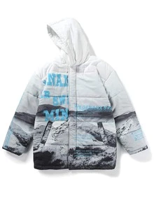 男式卡通与字母图案斜口袋连帽棉服外套 - 彩色 - 查看 2