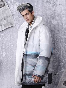 男式卡通与字母图案斜口袋连帽棉服外套 - 彩色 - 查看 3