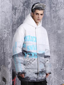 男式卡通与字母图案斜口袋连帽棉服外套 - 彩色 - 查看 4