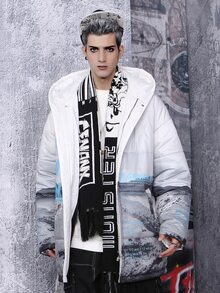 男式卡通与字母图案斜口袋连帽棉服外套 - 彩色 - 查看 5