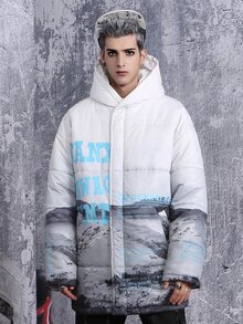 男式卡通与字母图案斜口袋连帽棉服外套 - 彩色 - 查看 6