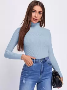 SHEIN Essnce 素色羅紋針織T恤 - 淺藍色 - 查看 1