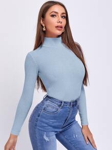 SHEIN Essnce 素色羅紋針織T恤 - 淺藍色 - 查看 3