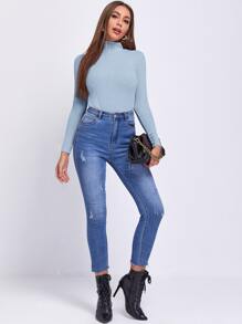 SHEIN Essnce 素色羅紋針織T恤 - 淺藍色 - 查看 4