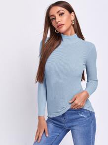 SHEIN Essnce 素色羅紋針織T恤 - 淺藍色 - 查看 5