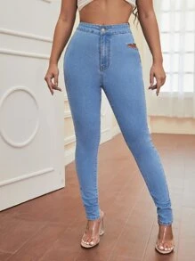 Zipper Fly Ripped Detail Skinny Jeans - Light Wash - View 3