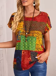 EMERY ROSE Patchwork Print Top - Multicolor - View 1