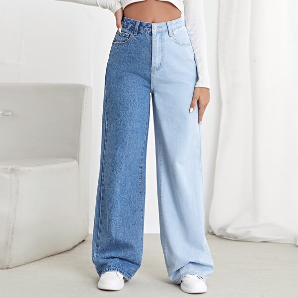 

High Waisted Colorblock Wide Leg Jeans, Medium wash