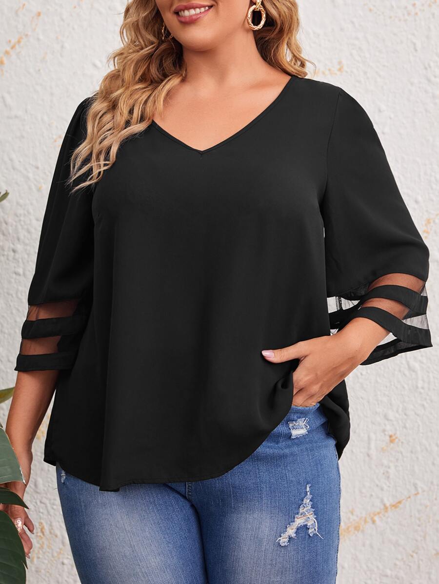 EMERY ROSE Áo sơ mi Plus Size cắt màu trơn Giải trí - màu đen - Xem 1