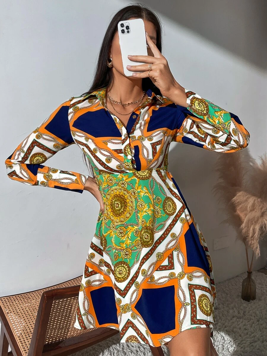 Đầm Nút phía trước Họa tiết khăn Thanh lịch - Nhiều màu - Xem 1