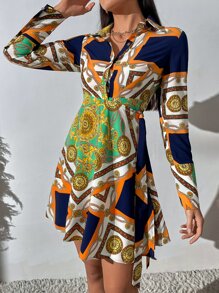 Đầm Nút phía trước Họa tiết khăn Thanh lịch - Nhiều màu - Xem 3