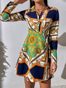 Đầm Nút phía trước Họa tiết khăn Thanh lịch - Nhiều màu - Xem 4