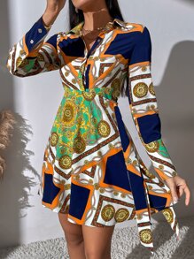 Đầm Nút phía trước Họa tiết khăn Thanh lịch - Nhiều màu - Xem 5