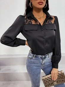 SHEIN Clasi Camisa con encaje con diseño de solapa - Negro - Ver 3