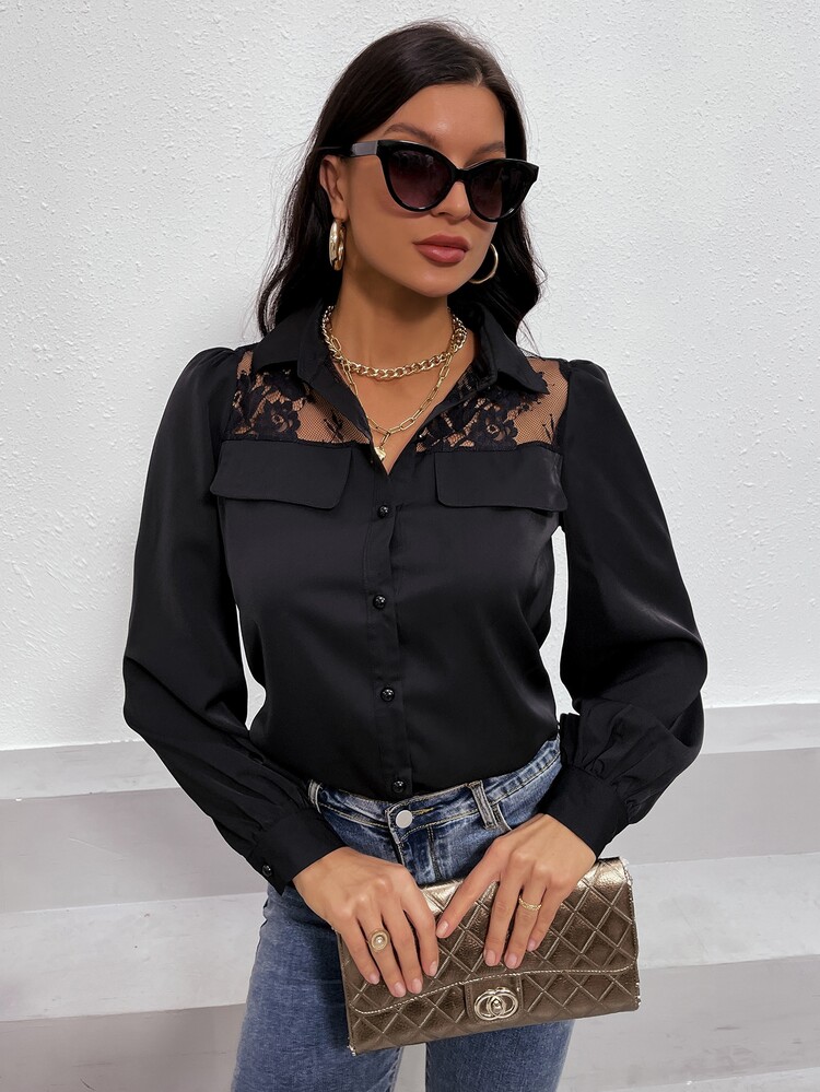 SHEIN Clasi Lace Insert Flap Detail Shirt - Black - View 4