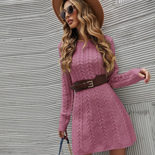 

Cable Knit Sweater Dress Without Belt, Mauve purple