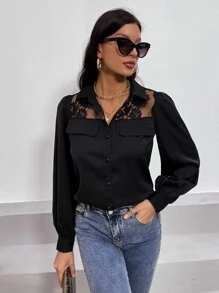 SHEIN Clasi Camisa con encaje con diseño de solapa - Negro - Ver 5