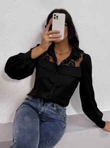 SHEIN Clasi Camisa con encaje con diseño de solapa - Negro - Ver 6