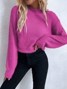 Drop Shoulder Fluffy Knit Jumper - Pink - View 1