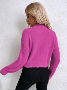 Drop Shoulder Fluffy Knit Jumper - Pink - View 2
