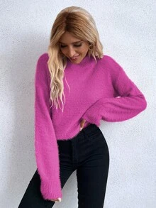 Drop Shoulder Fluffy Knit Jumper - Pink - View 4