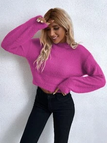 Drop Shoulder Fluffy Knit Jumper - Pink - View 5