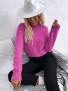 Drop Shoulder Fluffy Knit Jumper - Pink - View 7