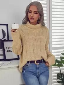 Suéter amplio unicolor de cuello tortuga - Caqui - Ver 1