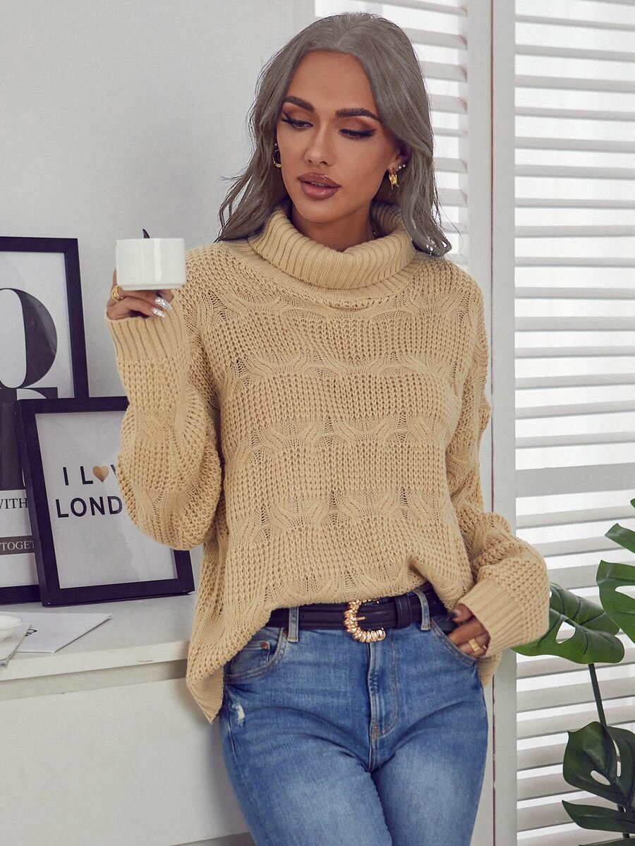 Suéter amplio unicolor de cuello tortuga - Caqui - Ver 1