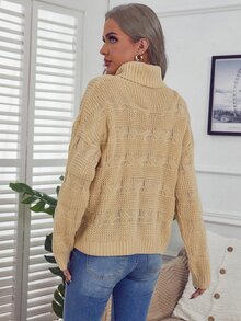 Suéter amplio unicolor de cuello tortuga - Caqui - Ver 2