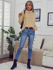 Suéter amplio unicolor de cuello tortuga - Caqui - Ver 3