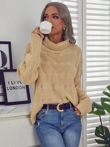 Suéter amplio unicolor de cuello tortuga - Caqui - Ver 4