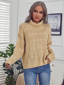 Suéter amplio unicolor de cuello tortuga - Caqui - Ver 5