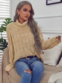 Suéter amplio unicolor de cuello tortuga - Caqui - Ver 6