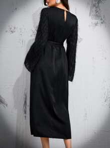 Modelyn 毛茸茸荷葉袖繫腰帶洋裝 - 黑色 - 查看 2