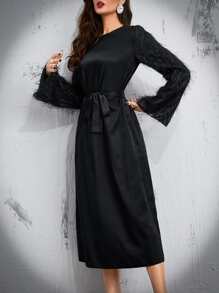 Modelyn 毛茸茸荷葉袖繫腰帶洋裝 - 黑色 - 查看 3