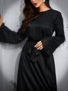 Modelyn 毛茸茸荷葉袖繫腰帶洋裝 - 黑色 - 查看 4