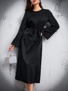 Modelyn 毛茸茸荷葉袖繫腰帶洋裝 - 黑色 - 查看 5