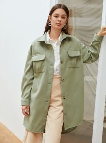 SHEIN Áo khoác ngoài nữ Túi Nút phía trước màu trơn Giải trí - Màu xanh Bạc hà - Xem 1