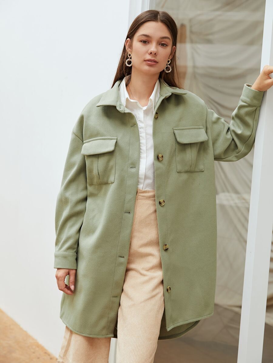 SHEIN Áo khoác ngoài nữ Túi Nút phía trước màu trơn Giải trí - Màu xanh Bạc hà - Xem 1