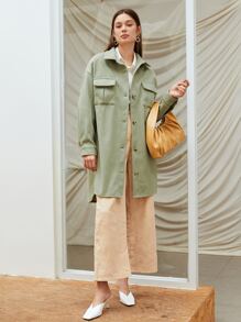 SHEIN Áo khoác ngoài nữ Túi Nút phía trước màu trơn Giải trí - Màu xanh Bạc hà - Xem 3