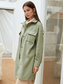 SHEIN Áo khoác ngoài nữ Túi Nút phía trước màu trơn Giải trí - Màu xanh Bạc hà - Xem 4