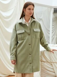 SHEIN Áo khoác ngoài nữ Túi Nút phía trước màu trơn Giải trí - Màu xanh Bạc hà - Xem 5
