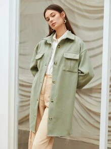 SHEIN Áo khoác ngoài nữ Túi Nút phía trước màu trơn Giải trí - Màu xanh Bạc hà - Xem 6